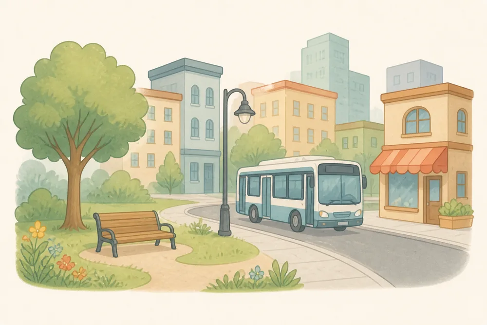 Illustration d’une ville avec rue, bâtiments et transports