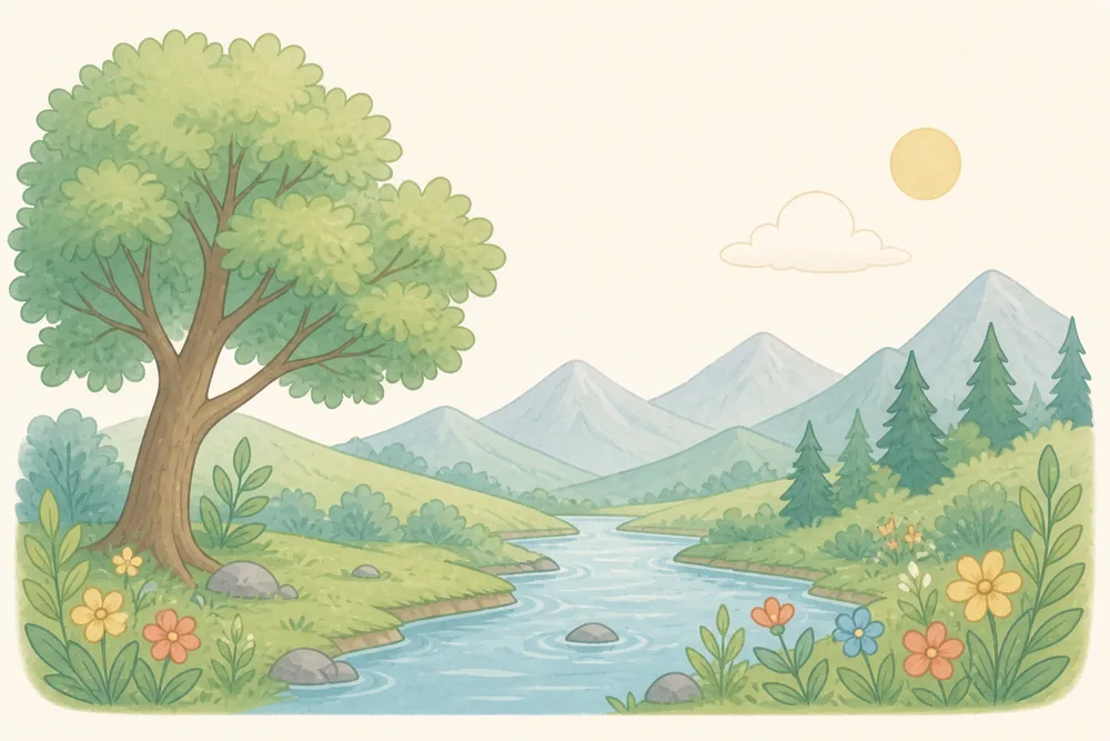 Illustration d’un paysage avec arbre, montagne et rivière